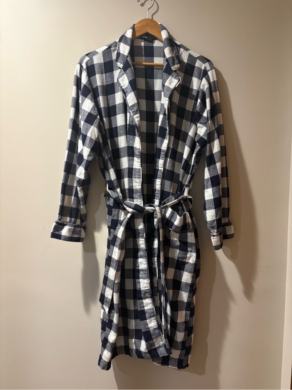 Lands’ End Men’s Flannel Robe Dark Navy White Plaid 100% Cotton M 38-40